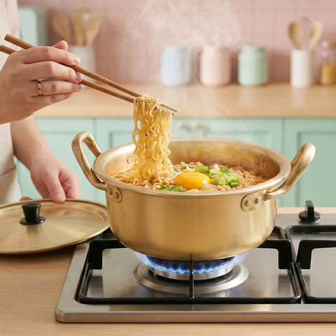 Person using chopsticks to lift noodles from a pot on a stove with a kitchen background.