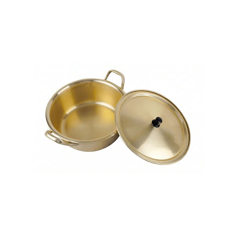 Gold-colored pot with lid on a white background