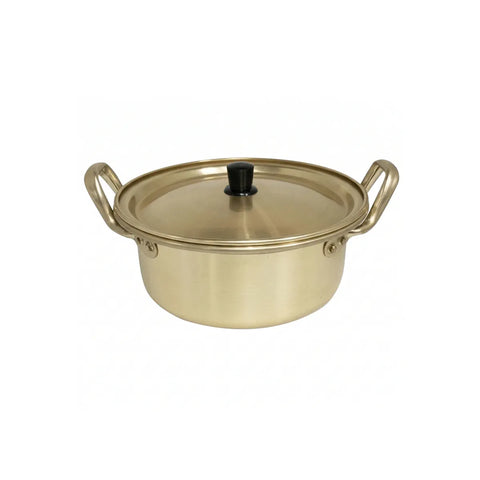 Gold-colored pot with a lid on a white background
