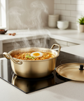 Stovetop with a pot of food steaming on a modern kitchen counter.