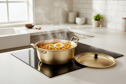 Stovetop with a pot of food steaming on a modern kitchen counter.