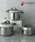 Three stainless steel cook pots with lids on a gray surface, featuring the Altenbach Germany logo.