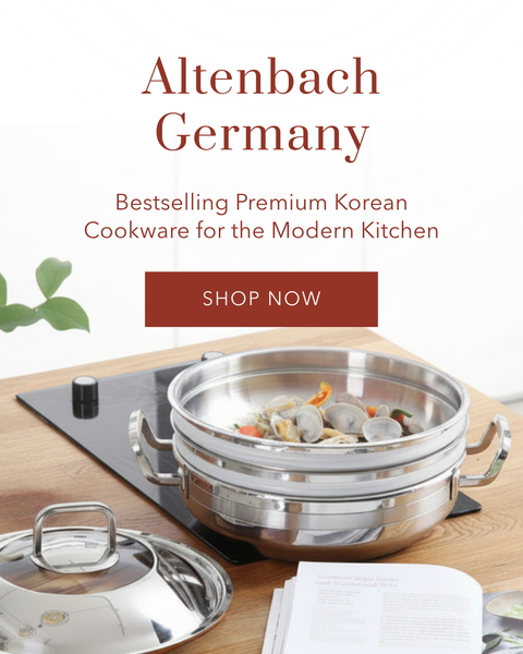 Promotional graphic for Altenbach Germany cookware, showing a stainless steel multi-tier pot on a black induction cooktop with a lid and cookbook nearby, plus text reading 'Altenbach Germany' and 'Bestselling Premium Korean Cookware for the Modern Kitchen' with a 'SHOP NOW' button.