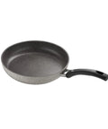 Gray frying pan with a black handle on a white background