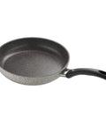 Gray frying pan with a black handle on a white background