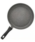 Gray non-stick frying pan with black handle on a white background