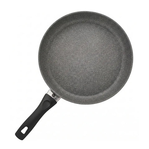Gray non-stick frying pan with black handle on a white background
