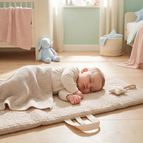 Baby lying on a mat in a nursery with toys around