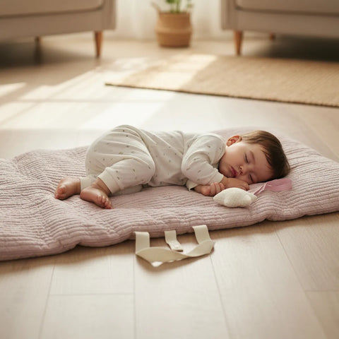 Baby sleeping on a cushion in a room with light wood flooring and a rug.