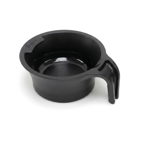 Black plastic spoon holder cup with handle on a white background