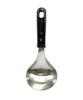 Metallic spoon with black handle on a white background