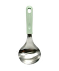Metallic spoon with a light green handle on a white background