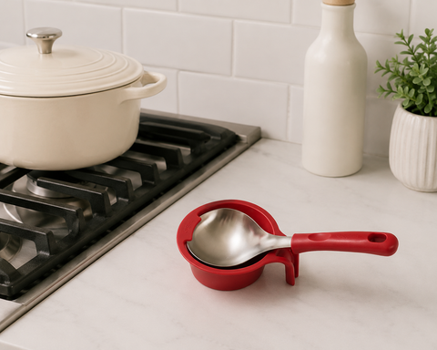 Red measuring cup with spoon on a kitchen counter next to a pot on a stove.