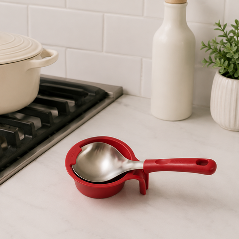 Red ladle holder with a silver ladle on a kitchen counter