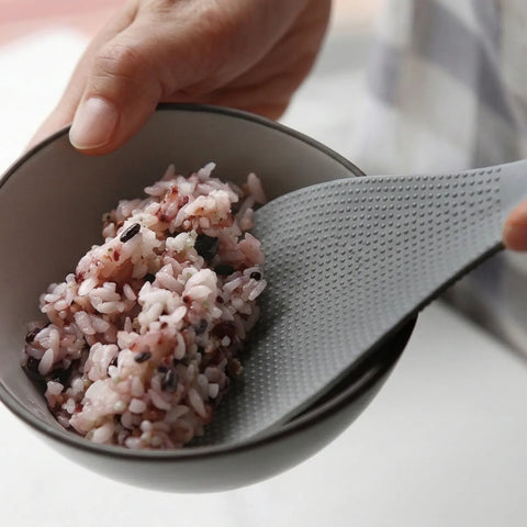 Gray spoon scooping rice from a bowl with a blurred background