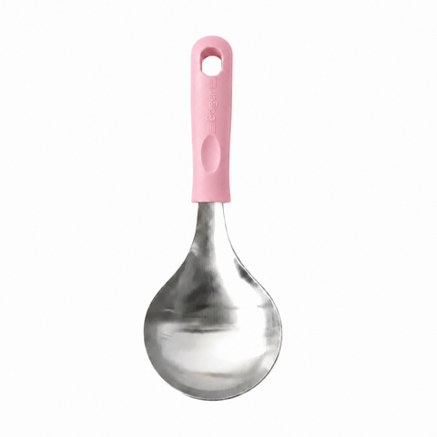 A stainless steel ice cream scoop with a light pink silicone handle, shown against a plain white background.