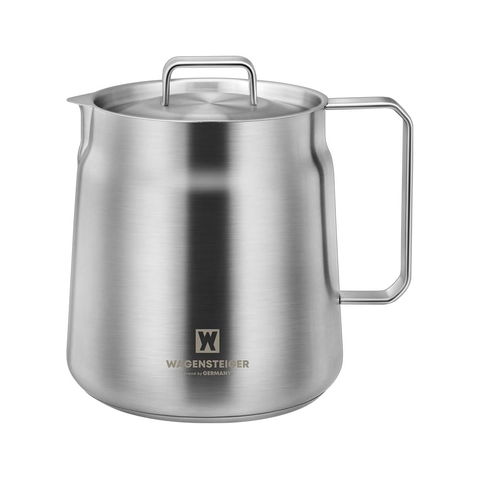 Stainless steel water kettle with handle on a white background, featuring Wagensteiger logo.