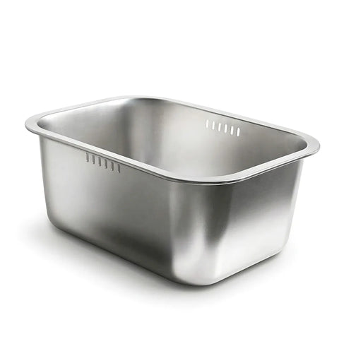 Stainless steel dish tub on a white background
