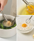 A three-panel collage showing a stainless steel mixing spoon and matching egg whisk being used in a kitchen setting. The left panel shows the metal spoon lifting a dollop of butter from water and greens in a white bowl.