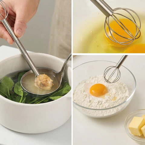 A three-panel collage showing a stainless steel mixing spoon and matching egg whisk being used in a kitchen setting. The left panel shows the metal spoon lifting a dollop of butter from water and greens in a white bowl.