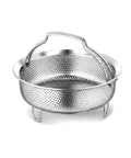 A stainless steel colander basket with a perforated body, a top handle, and three small legs, shown on a clean white background.