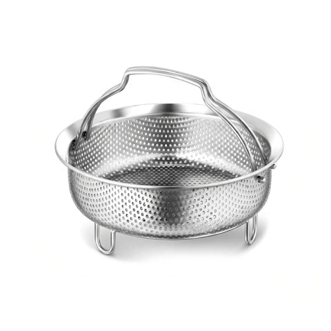 A stainless steel colander basket with a perforated body, a top handle, and three small legs, shown on a clean white background.