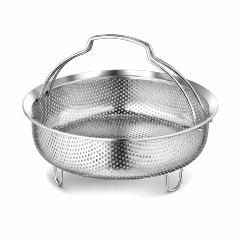 A stainless steel colander basket with a perforated body, a curved handle, and three small legs, shown on a clean white background.