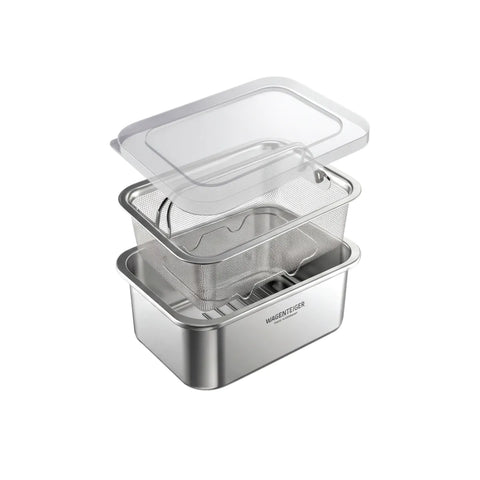 A stainless steel multi-tier food storage container set with a clear plastic lid, shown on a solid white background.