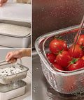 A stainless steel mesh rice steamer basket shown in three usage scenes: lid on, filled with white rice; being lifted by a hand; and rinsing tomatoes in the sink. Because a real environment and a visible hand are present, this fits Lifestyle rather than Product/Packaging.
