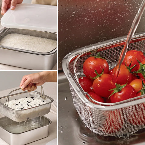 A stainless steel mesh rice steamer basket shown in three usage scenes: lid on, filled with white rice; being lifted by a hand; and rinsing tomatoes in the sink. Because a real environment and a visible hand are present, this fits Lifestyle rather than Product/Packaging.