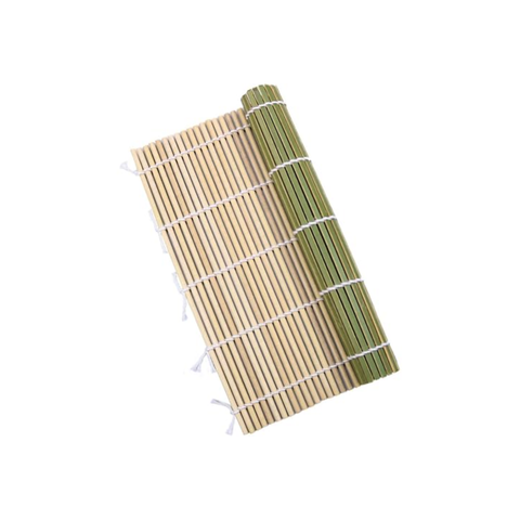 A bamboo sushi rolling mat with a natural light tan surface, green bamboo strips along the rolled edge, and white string ties, shown on a plain white background.