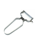 A stainless steel hand-held vegetable peeler with a long ergonomic loop handle and a serrated blade, shown on a plain white background.