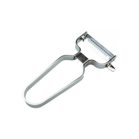 A stainless steel hand-held vegetable peeler with a long ergonomic loop handle and a serrated blade, shown on a plain white background.