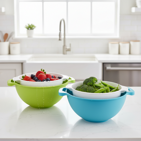 Two colanders, one green and one blue, on a kitchen counter with fruits and vegetables.
