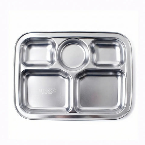 Stainless steel compartmentalized tray with 'Kenrok' branding on a white background