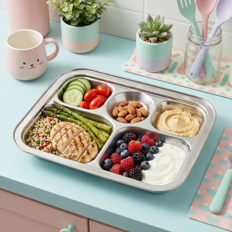 Metallic lunch tray with compartments filled with a variety of food items on a light blue countertop.