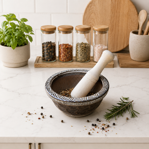Mortar and pestle with spices on a kitchen counter