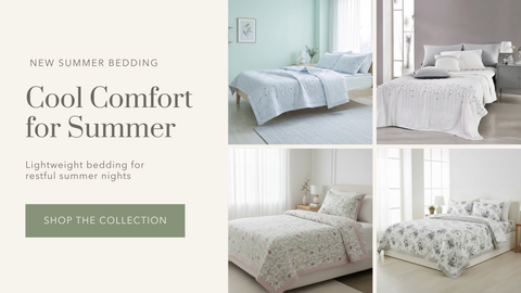 A promotional collage for summer bedding featuring four bedroom scenes with light-colored beds dressed in pale blue, white, and floral bedding. Large text on the left reads 'Cool Comfort for Summer' with smaller copy about lightweight bedding for restful summer nights, and a green button that says 'SHOP THE COLLECTION'.