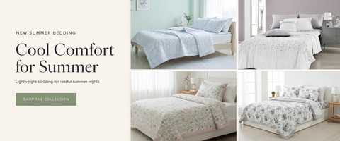 A promotional collage for summer bedding featuring four bedroom scenes with light-colored beds dressed in pale blue, white, and floral bedding. Large text on the left reads 'Cool Comfort for Summer' with smaller descriptive copy and a green 'Shop the Collection' button.