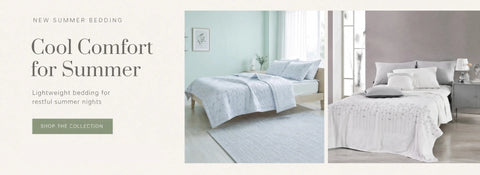 A promotional banner for summer bedding featuring two bedroom scenes side by side. The left side has text reading 'Cool Comfort for Summer' and 'New Summer Bedding' with a green 'Shop the Collection' button.