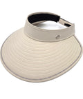 Beige visor hat with a black band on a white background
