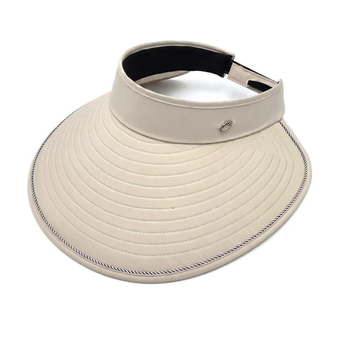Beige visor hat with a black band on a white background