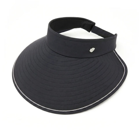 Black visor with white trim on a white background