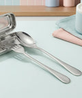 Stainless steel cutlery set with a tin on a light blue surface.
