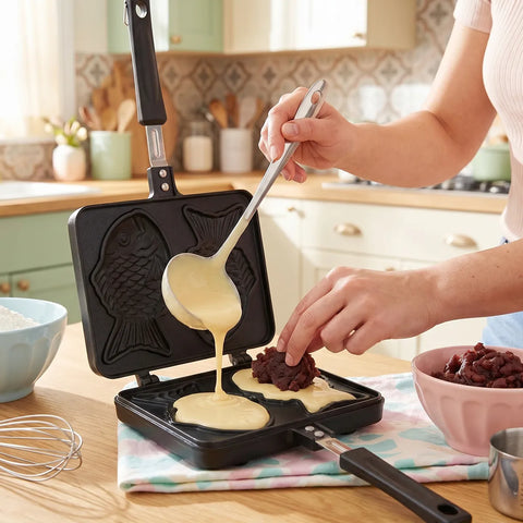 Person pouring batter in a taiyaki pan in a bright and colorful kitchen