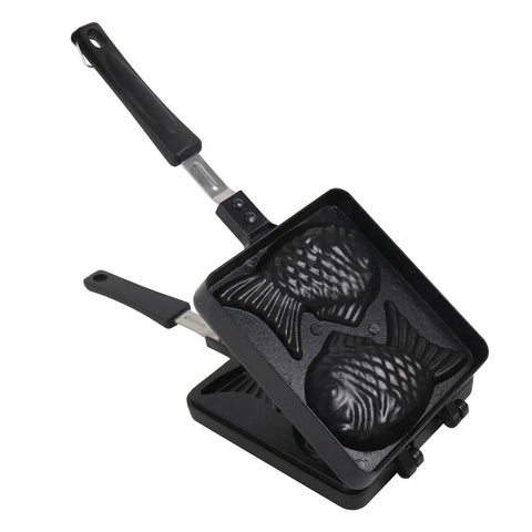 Black fish-shaped waffle maker on a white background