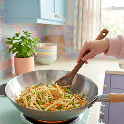 Person cooking stir-fry in a wok with vegetables in a kitchen.
