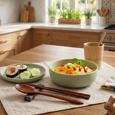 Dish of food on a table with chopsticks and a cup in a kitchen setting