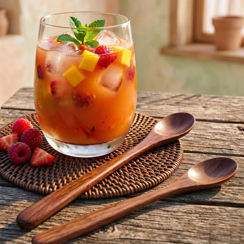 Glass of iced fruit tea with wooden spoons on a wooden table