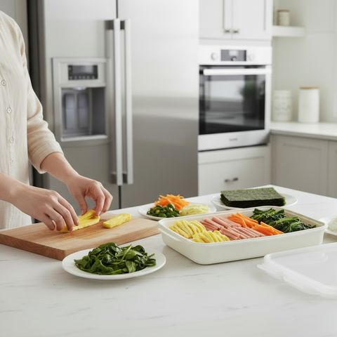 Person preparing food on a cutting board in a modern kitchen.
